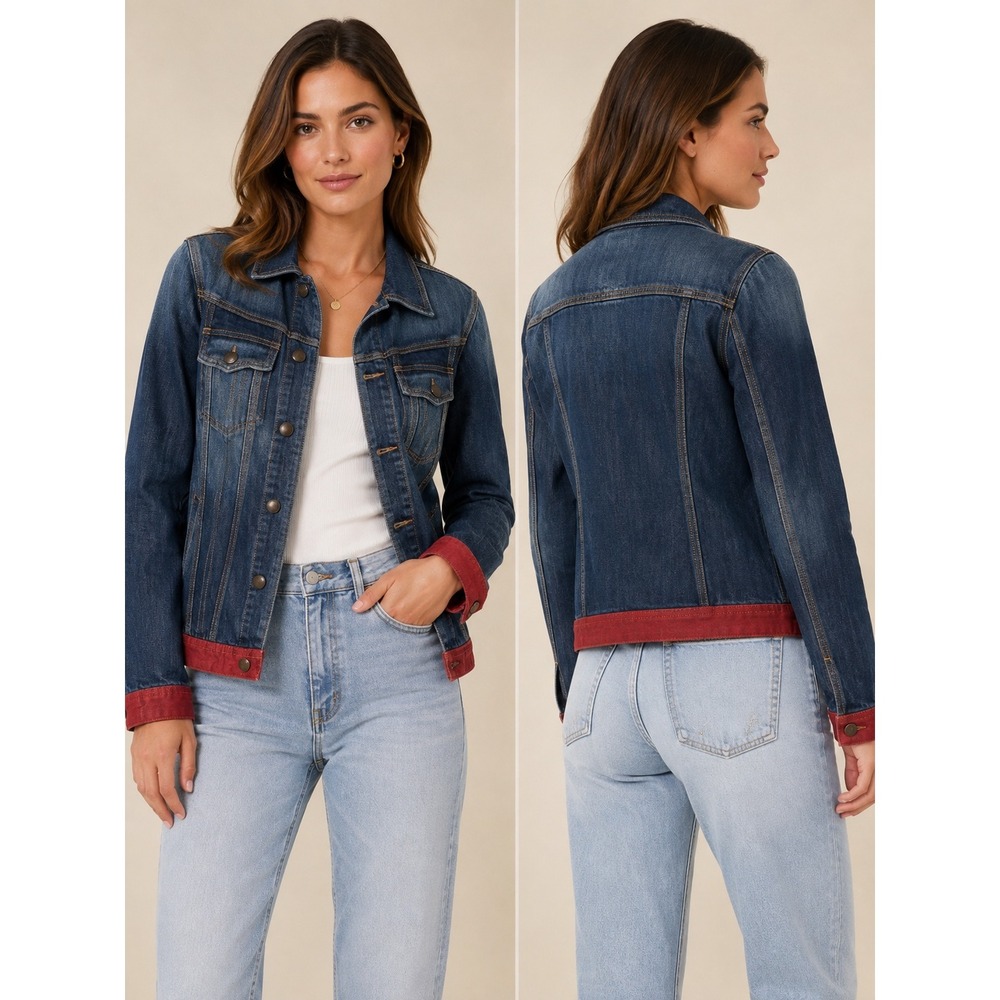 Just Cavalli Blue Denim Jacket Red Trim Italian Designer Trucker Size 46